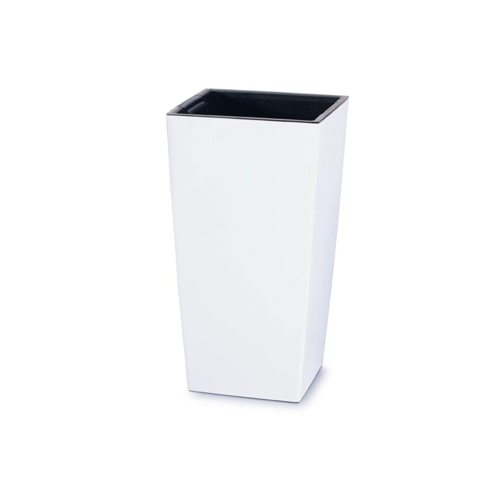 A white square planter pot with a black interior, shown against a white background.