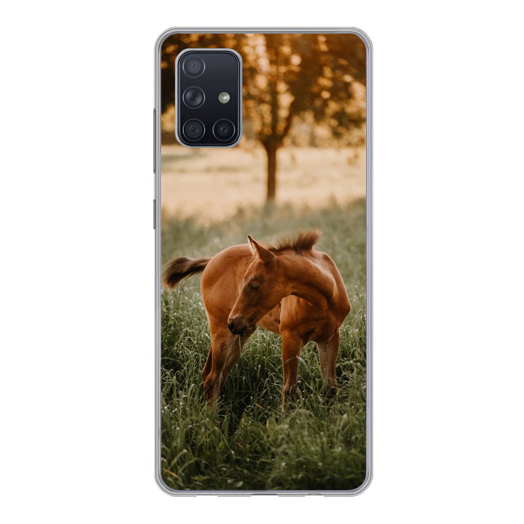 MuchoWow Handyhülle Schutzhülle Hülle für Samsung Galaxy A51 Pferd - Gras - Baum Silikon Softcase Handy Hülle - Schutzabdeckung