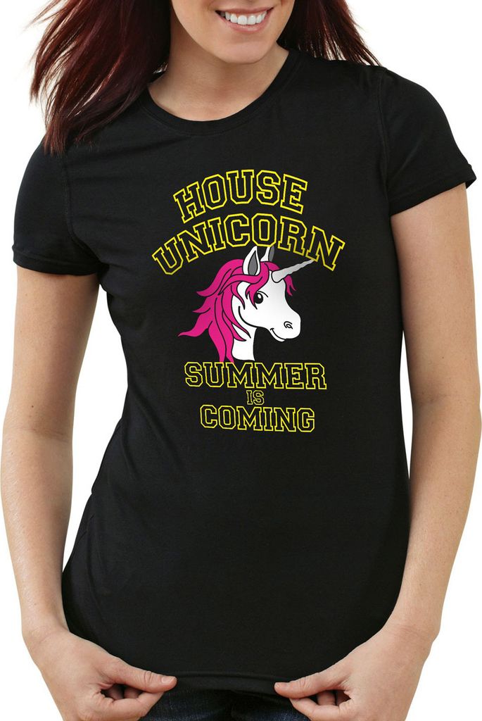 style3 House Unicorn Summer is coming Damen T-Shirt Einhorn, Farbe:Schwarz, Größe:M