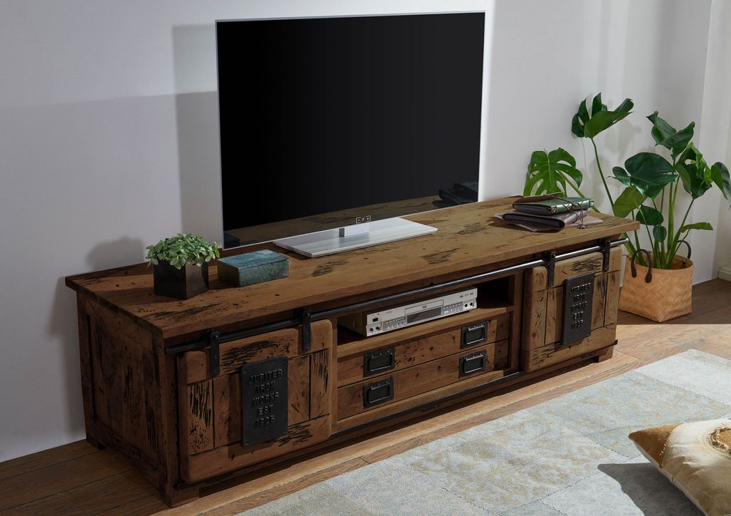 MASSIVMOEBEL24 TV-Board Mango 180x55x50 braun lackiert RAILWAY #446