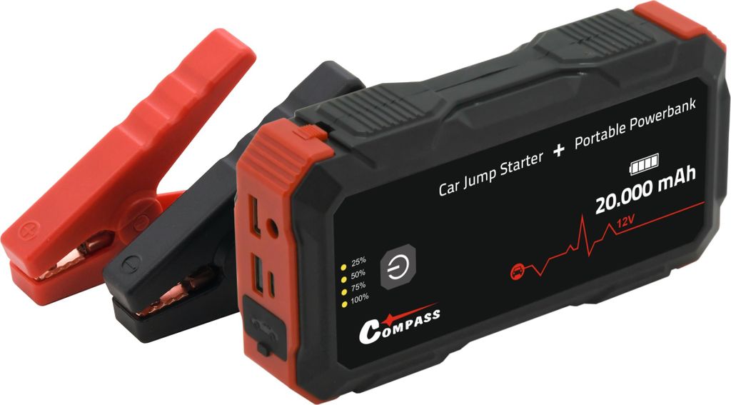 A car jump starter and portable power bank with attached jumper cables.