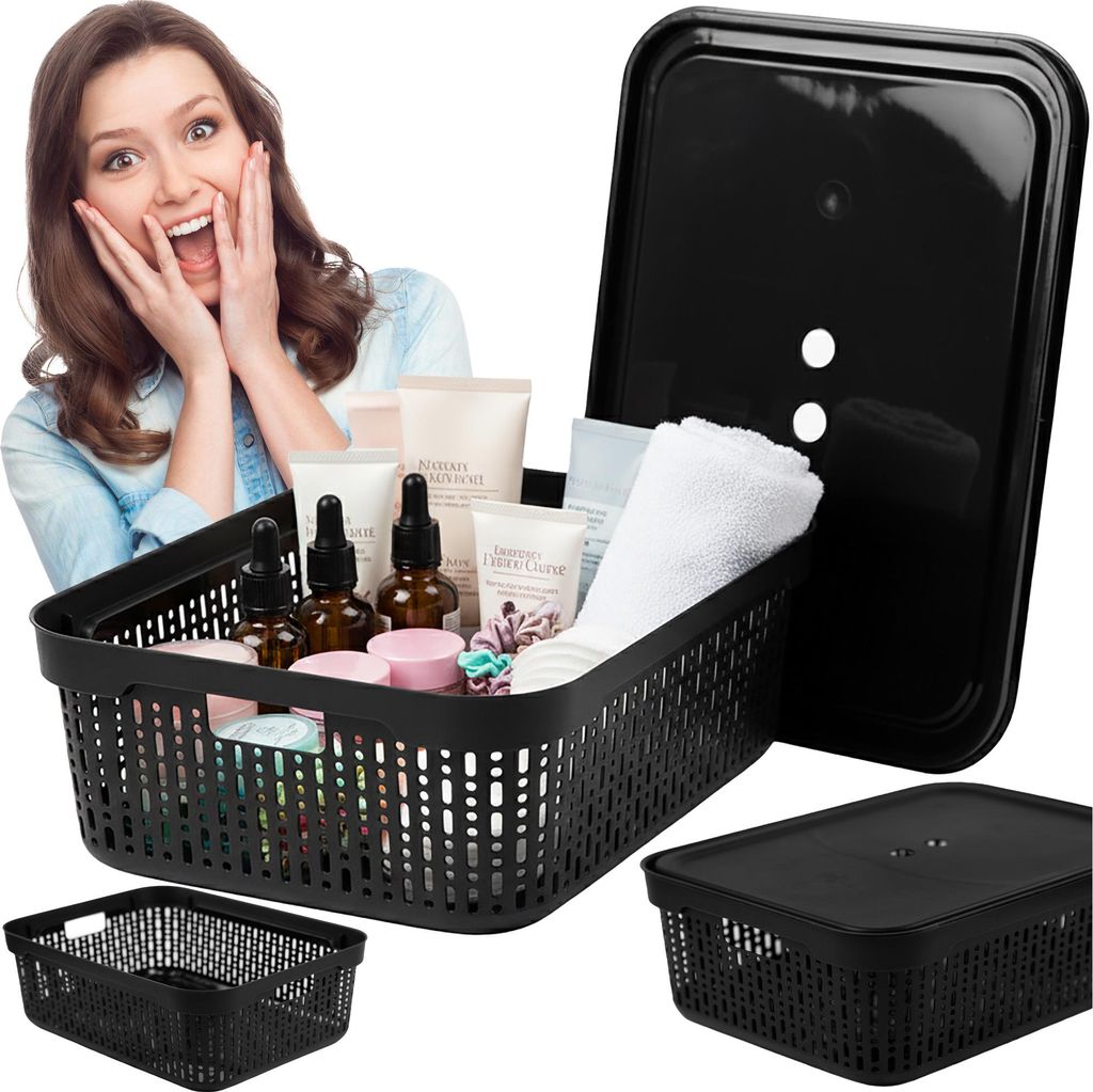 Aufbewahrungskorb Korb mit Deckel XL Aufbewahrungskiste Aufbewahrungsbox aus Plastik Schwarz