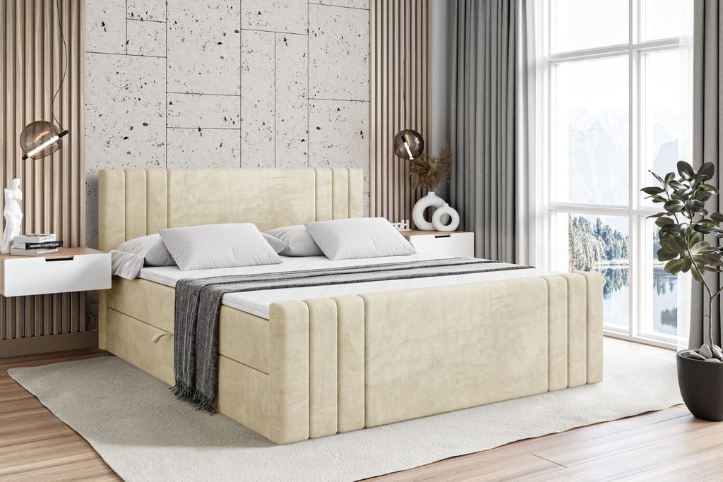 ALTDECOR Boxspringbett mit Fußteil, H3 Matratze und Topper - 180x200 cm - IDRIKO-Z - Beige Samt - Polsterbett mit Bettkasten und Lattenrost, Bett ...