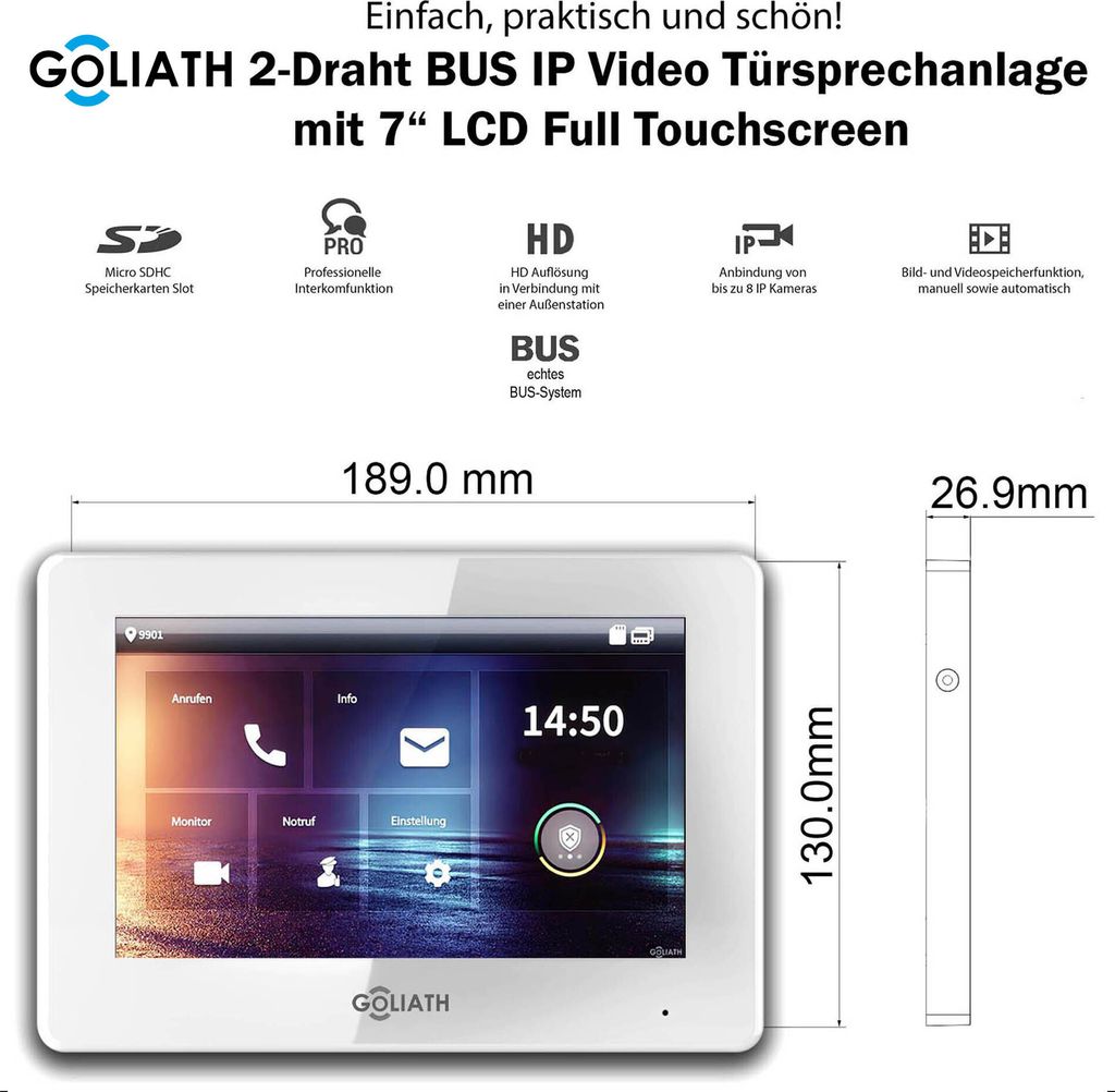 7-Zoll Monitor 2-Draht BUS - IP Hybrid Video Türsprechanlage Weiß
