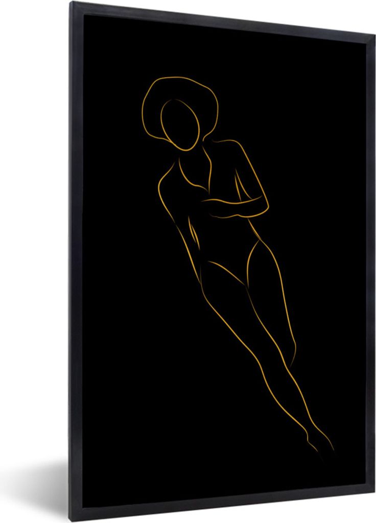 MuchoWow Gerahmtes Poster Frau - Gold - Strichzeichnung 40x60 cm - Poster mit Schwarzem Bilderrahmen Wandposter Rahmen Foto Bilder - Papierdruck ...