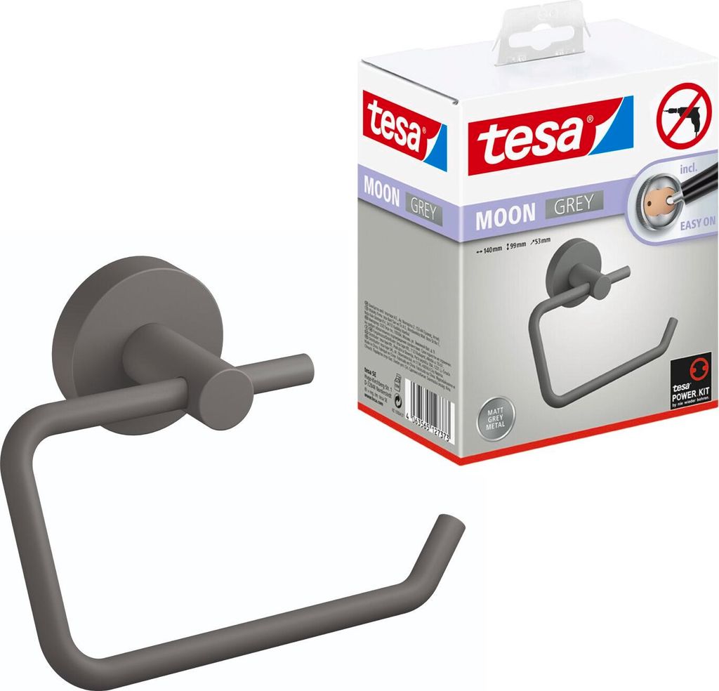 tesa Toilettenpapierhalter ohne Bohren grau matt für die Wand - MOON GREY Serie