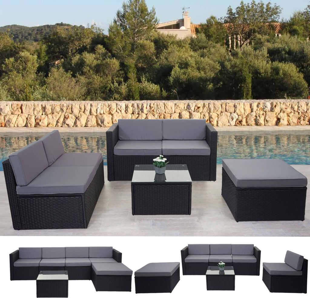 Poly-Rattan-Garnitur HWC-D24, Garten-/Lounge-Set Sofa anthrazit, Polster grau