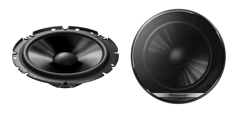 Two car speakers are shown against a white background. One speaker is shown from the side, and the other is shown from the front.