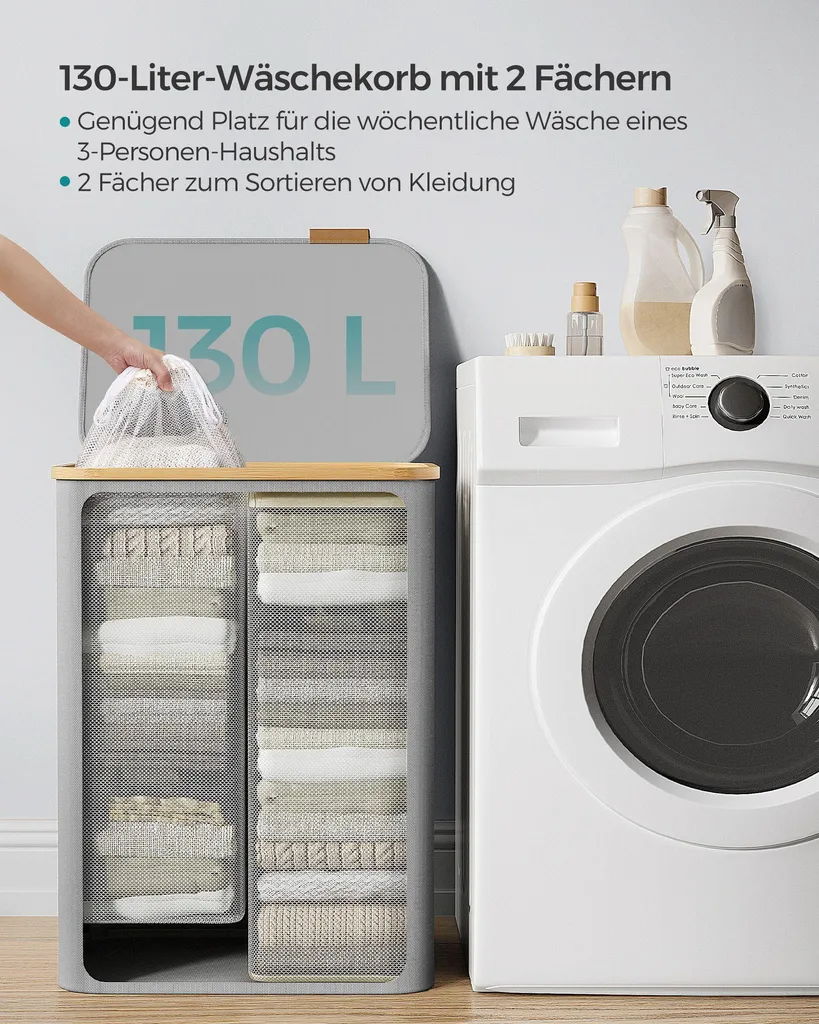 Panier à linge 2 compartiments avec couvercle gris tourterelle 110L - 3