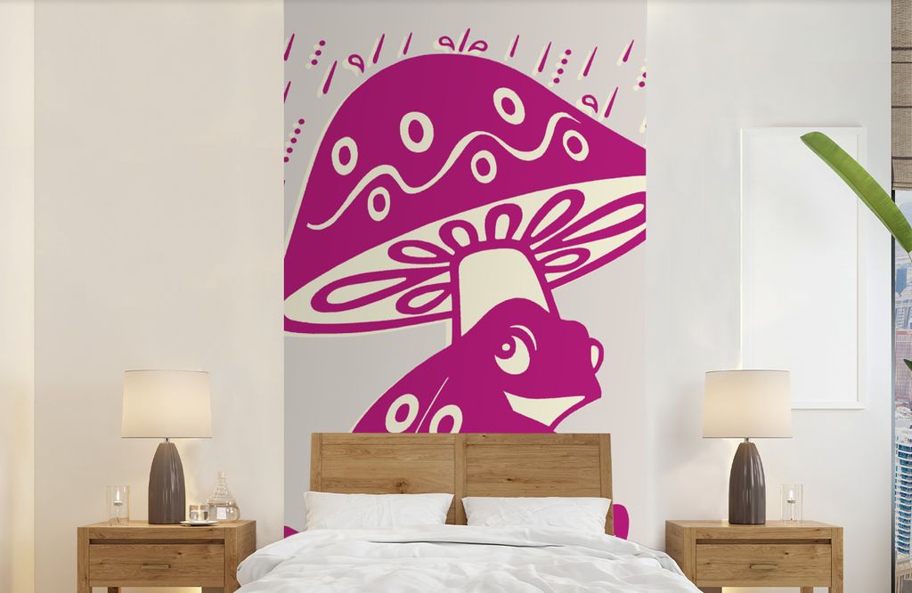 MuchoWow Fototapete für Wohnzimmer oder Schlafzimmer Wandtapete Vinyl Motivtapete Frosch - Pilz - Rosa - 120x240 cm - Hintergrundbild