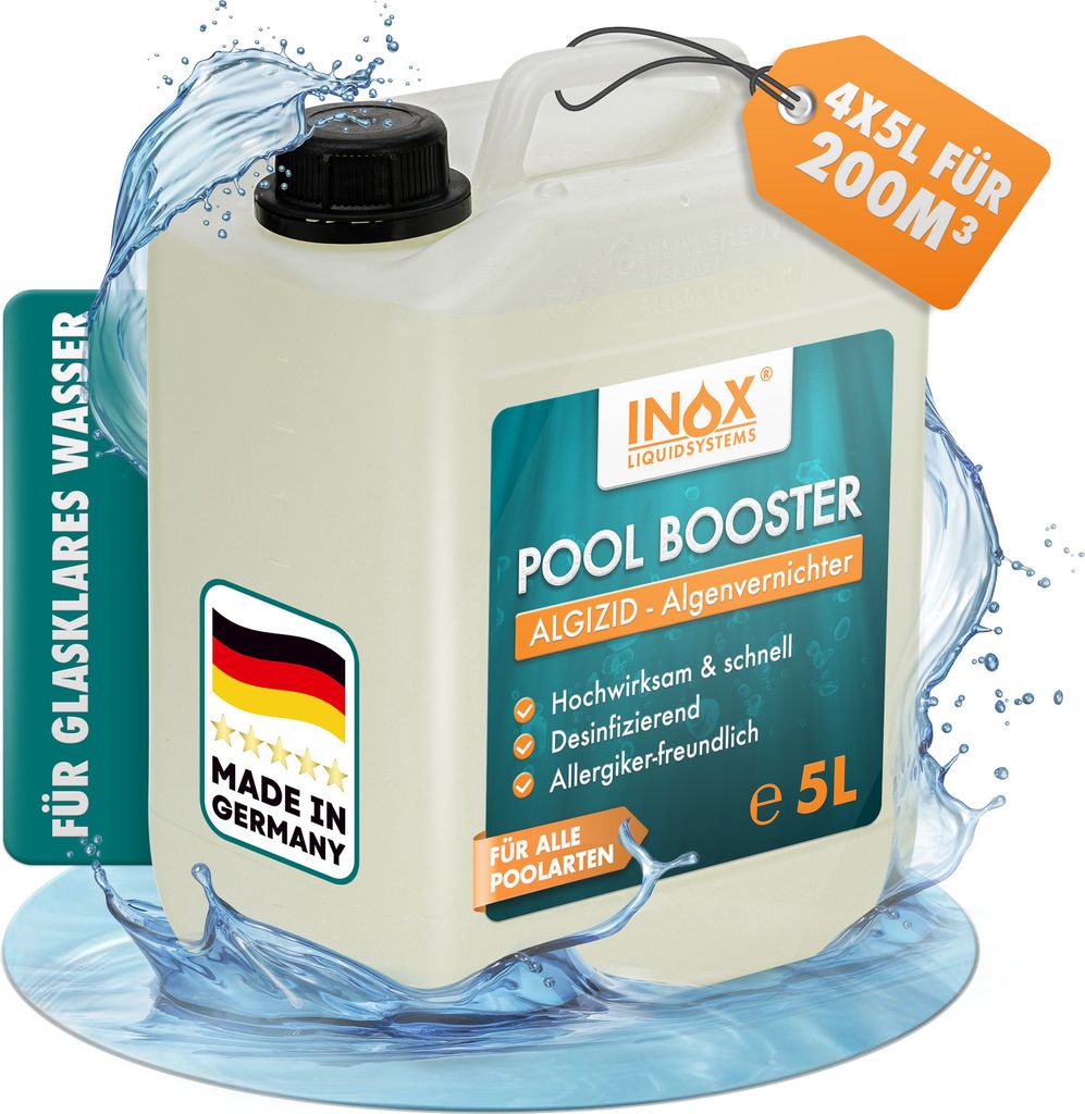 INOX Pool Booster, 4x 5L - Pooldesinfektion Poolreiniger Algenentferner flüssig