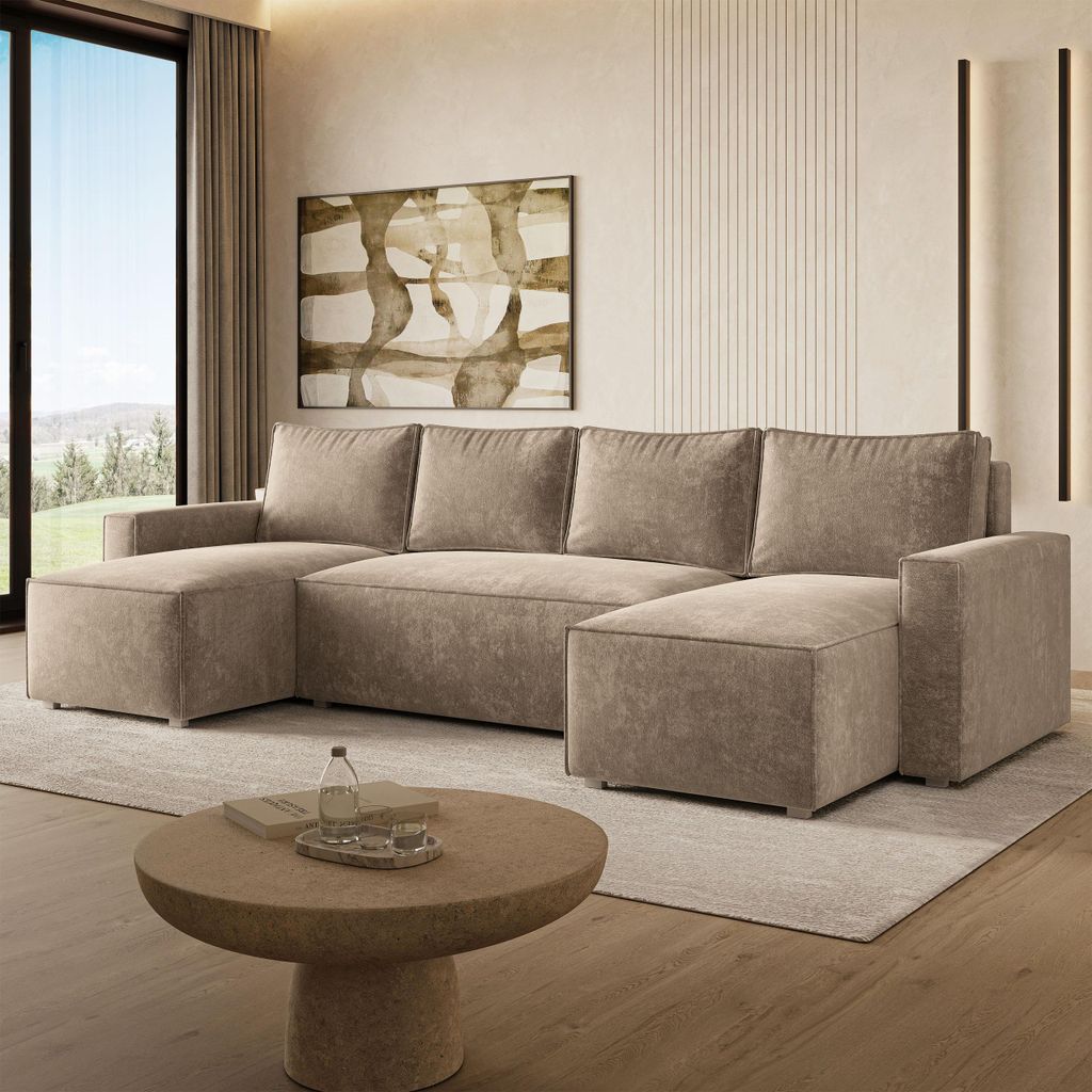 Masseno Ecksofa ASPRA LM mit Schlaffunktion U-Form, Sofa mit Bettkasten, Wohnzimmersofa, Couch, Soffa, Bettsofa, Couchgarnitur- Beige, LUMO 30