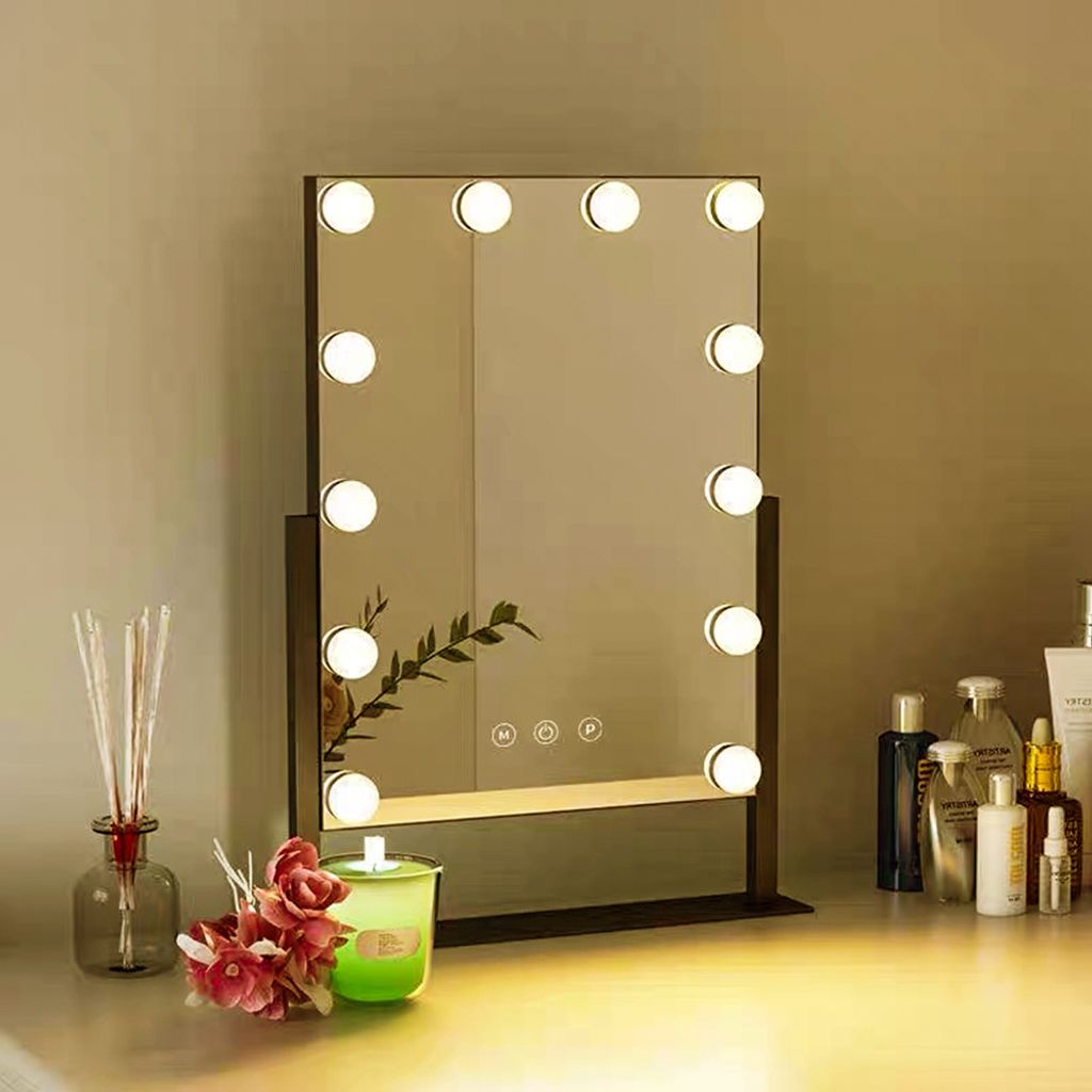 Hollywood Kosmetikspiegel mit Beleuchtung 12 dimmbare LED Lampen Drehbar Kosmetischer Tischspiegel mit 3 Lichtfarben 30x40cm Schwarz