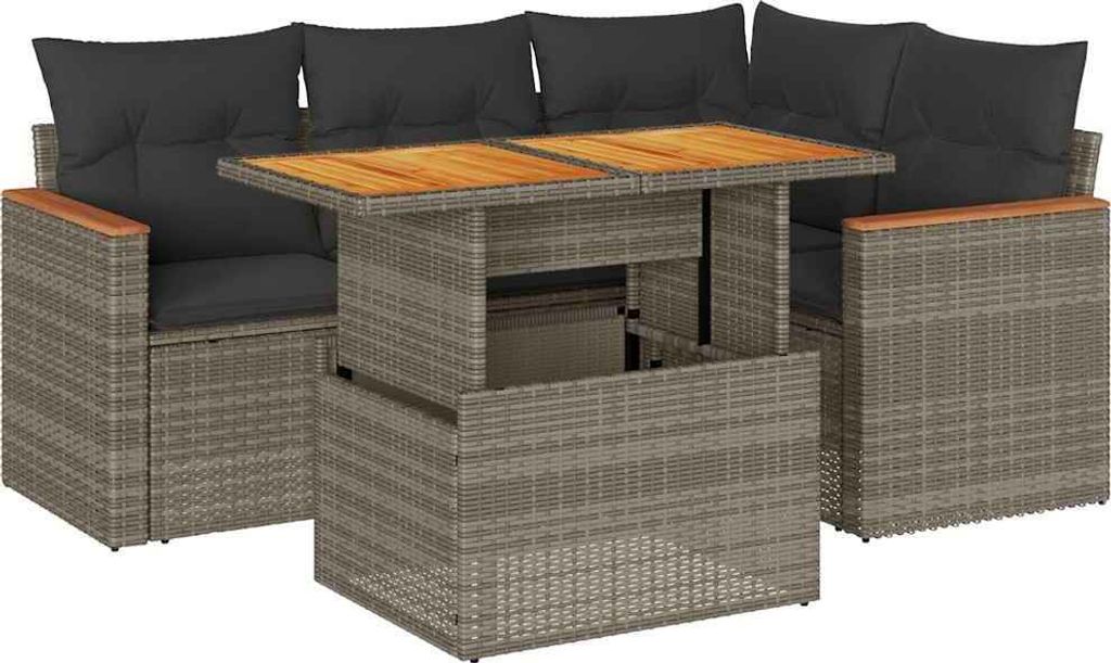 5-tlg. Garten-Sofagarnitur mit Kissen Grau Poly Rattan Akazie