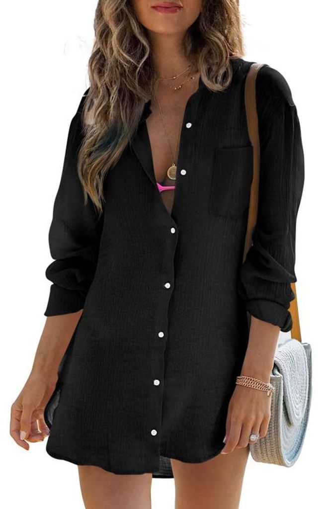 Damen Strandkleid, Bluse mit Knopfleiste, Sommeroberteil aus Baumwollgaze, langärmelig, Bikini-Badeanzug,Größe:S