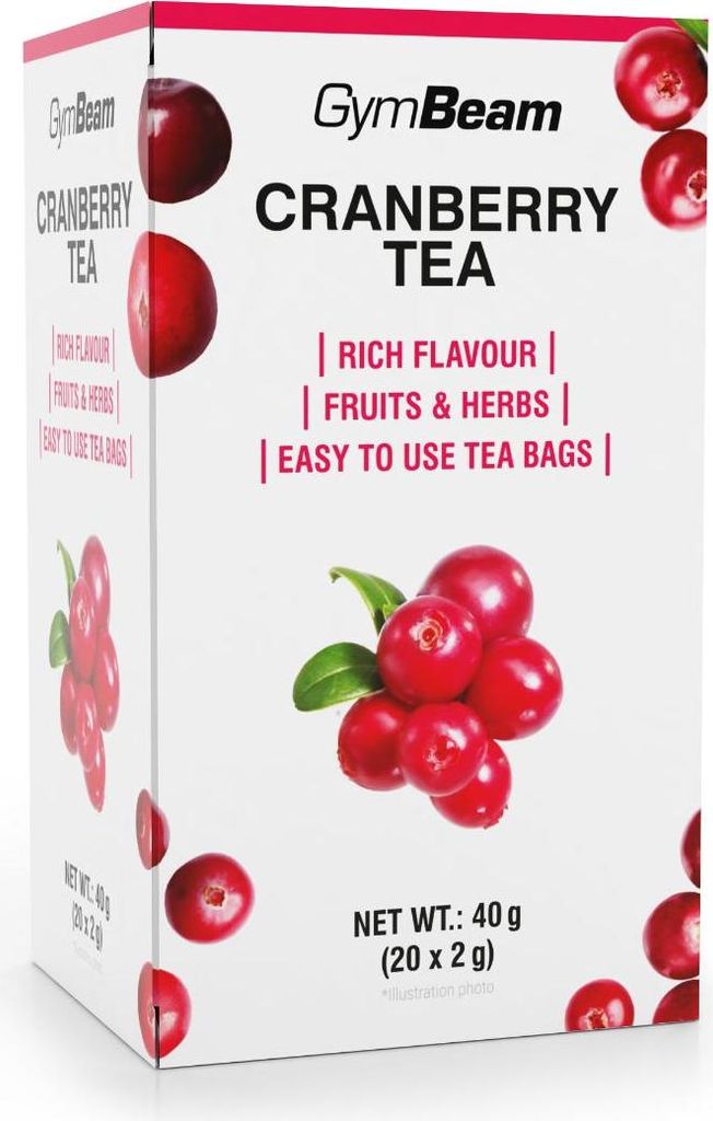 A box of GymBeam Cranberry Tea with images of cranberries and text describing the product.
