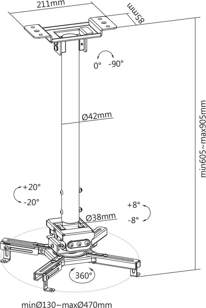 Support vidéoprojecteur blanc extensible 90cm - Fixation plafond stable - 8