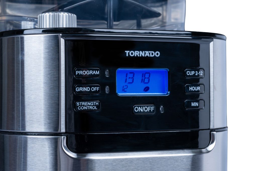 Tornado TCM-1025A-GS CAFETIÈRE À FILTRE MANUELLE AVEC BROYEUR CONIQUE, 1,5 L, 12 TASSES, 900-1050 W, ACIER INOXYDABLE, NOIR