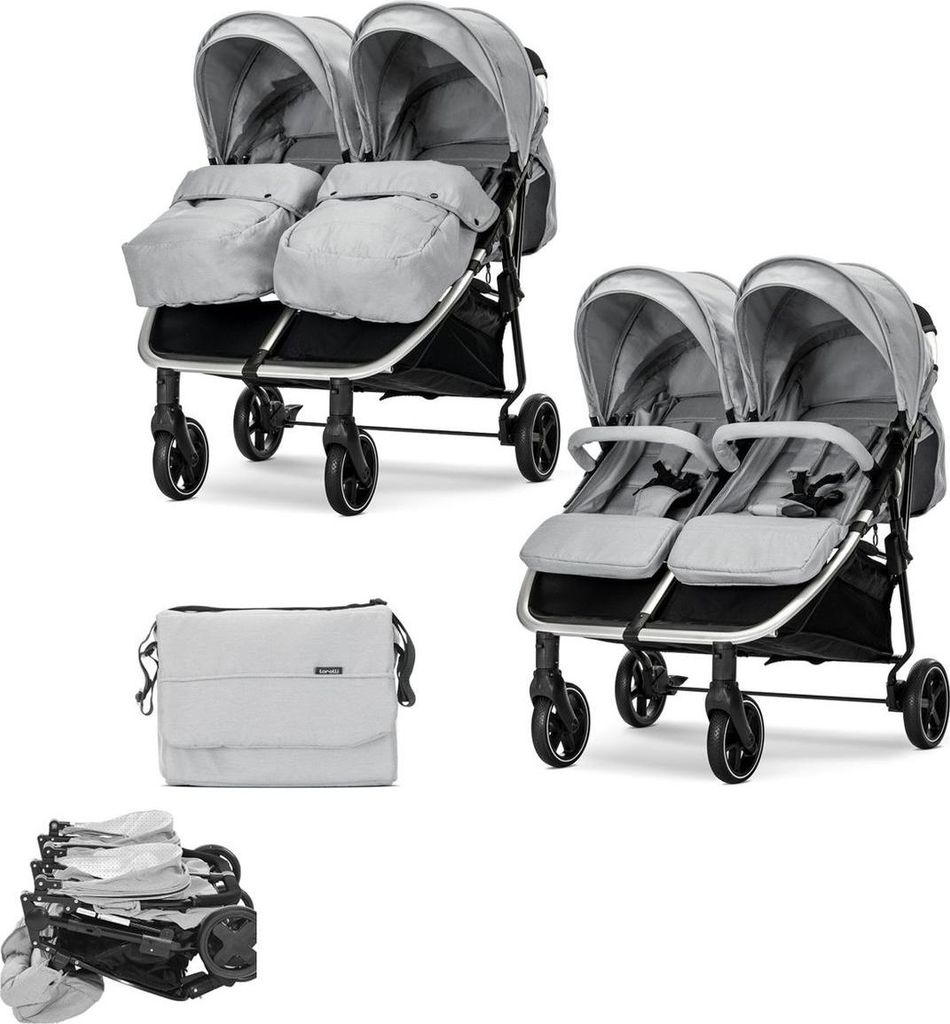 A collage of images showing a twin stroller in different configurations and accessories.