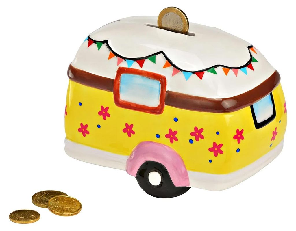 Spardose aus Keramik in Form eines Wohnwagens – Bunt | Retro-Spardose in Wohnwagenform für Camper und Kinder (15 x 11 x 10 cm)