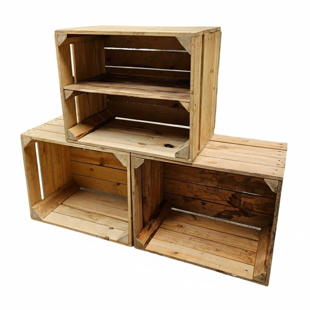 Three wooden crates stacked and arranged.