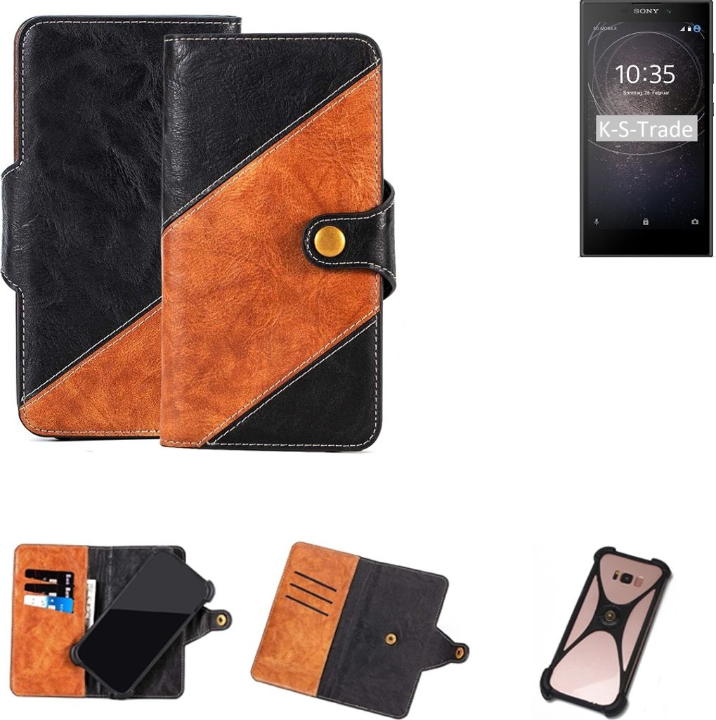 K-S-Trade Handyhülle Schutzhülle Bookstyle Case Wallet-Case kompatibel mit Sony Xperia L2 Dual-SIM Handy Cover Bumper Klapphülle schwarz hellbraun