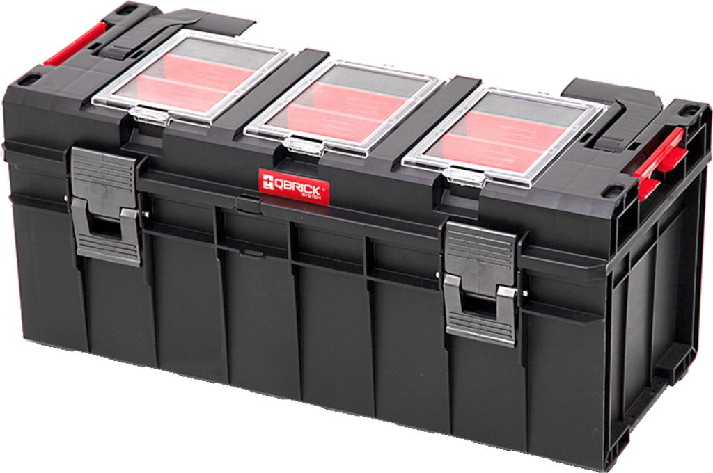 A black Qbrick System Pro 600 Profi-Werkzeugkasten tool box with red inserts and clear lids.