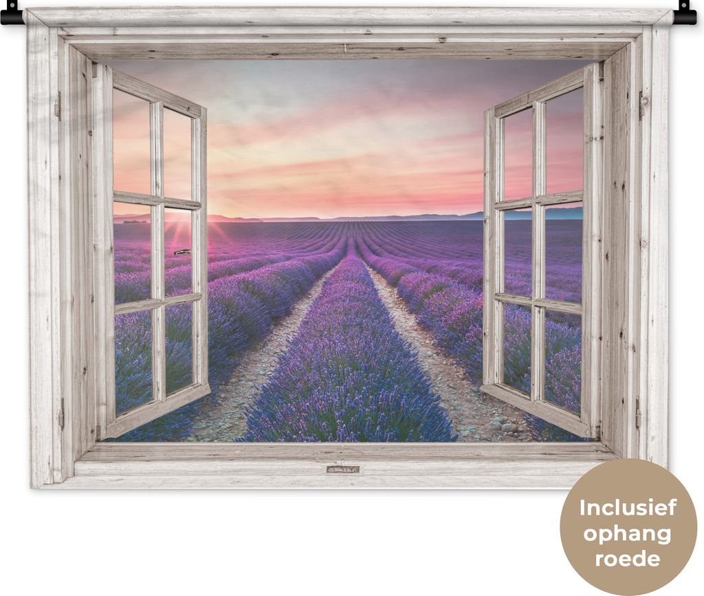 MuchoWow Wandteppich Wandbehang Durchsichtig - Lavendel - Blumen - Holz - Sonnenuntergang - Lila 90x67.5 cm Tapisserie Dekoration Wandtuch - Foto...