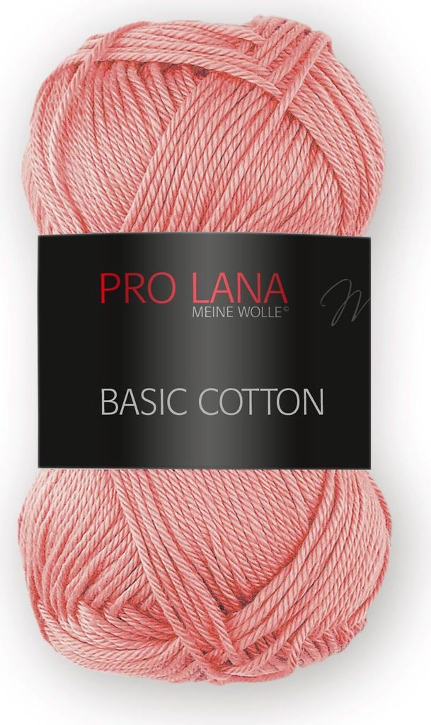 A ball of pink yarn with a black label.