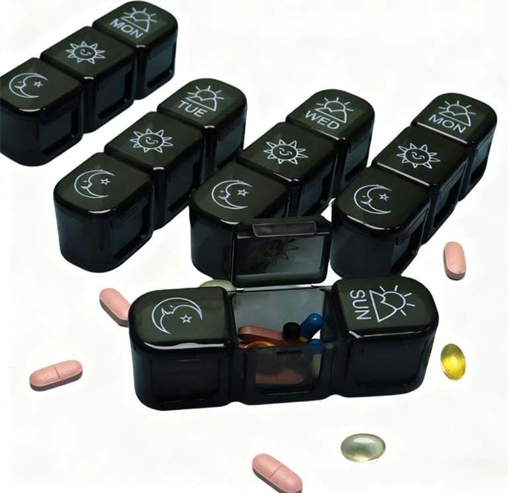 4x Pillendose mit 3 Fächern - Für Morgens, Mittags, Abends, Praktisches Set in Schwarz, Ideal für Unterwegs