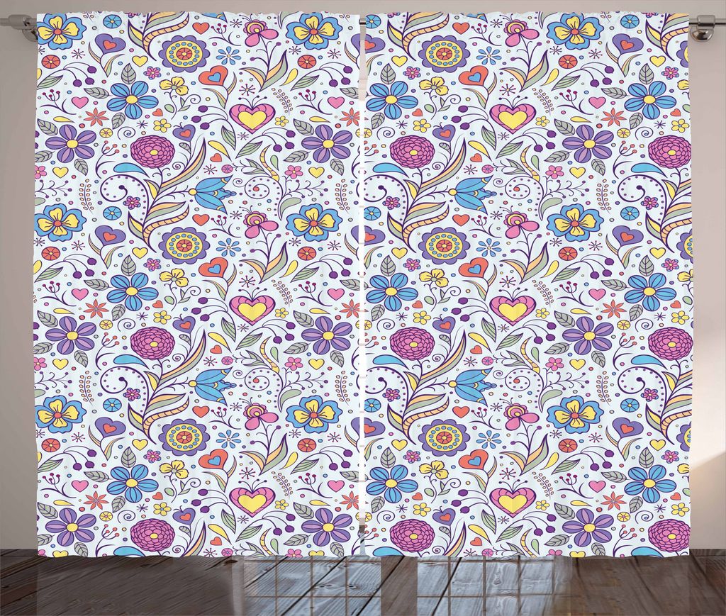 ABAKUHAUS Pastell Rustikaler Gardine, Doodle Botanik Garten, Schlafzimmer Kräuselband Vorhang mit Schlaufen und Haken, 280 x 225 cm, Mehrfarbig