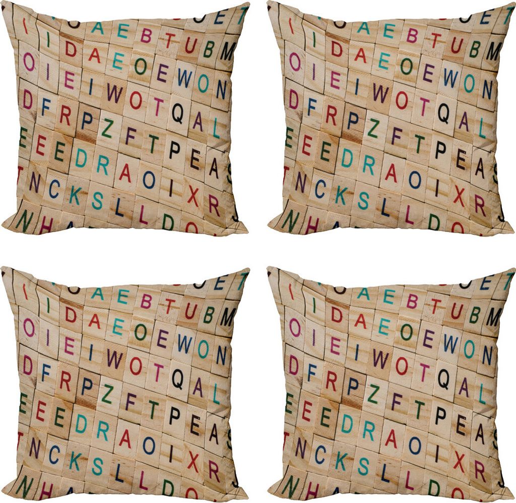 ABAKUHAUS ABC Puzzle Kissenbezug Set (4 Stück), Holz Alphabet Squares, Moderner Doppelseitiger Digitaldruck, 40 cm x 40 cm, Mehrfarbig