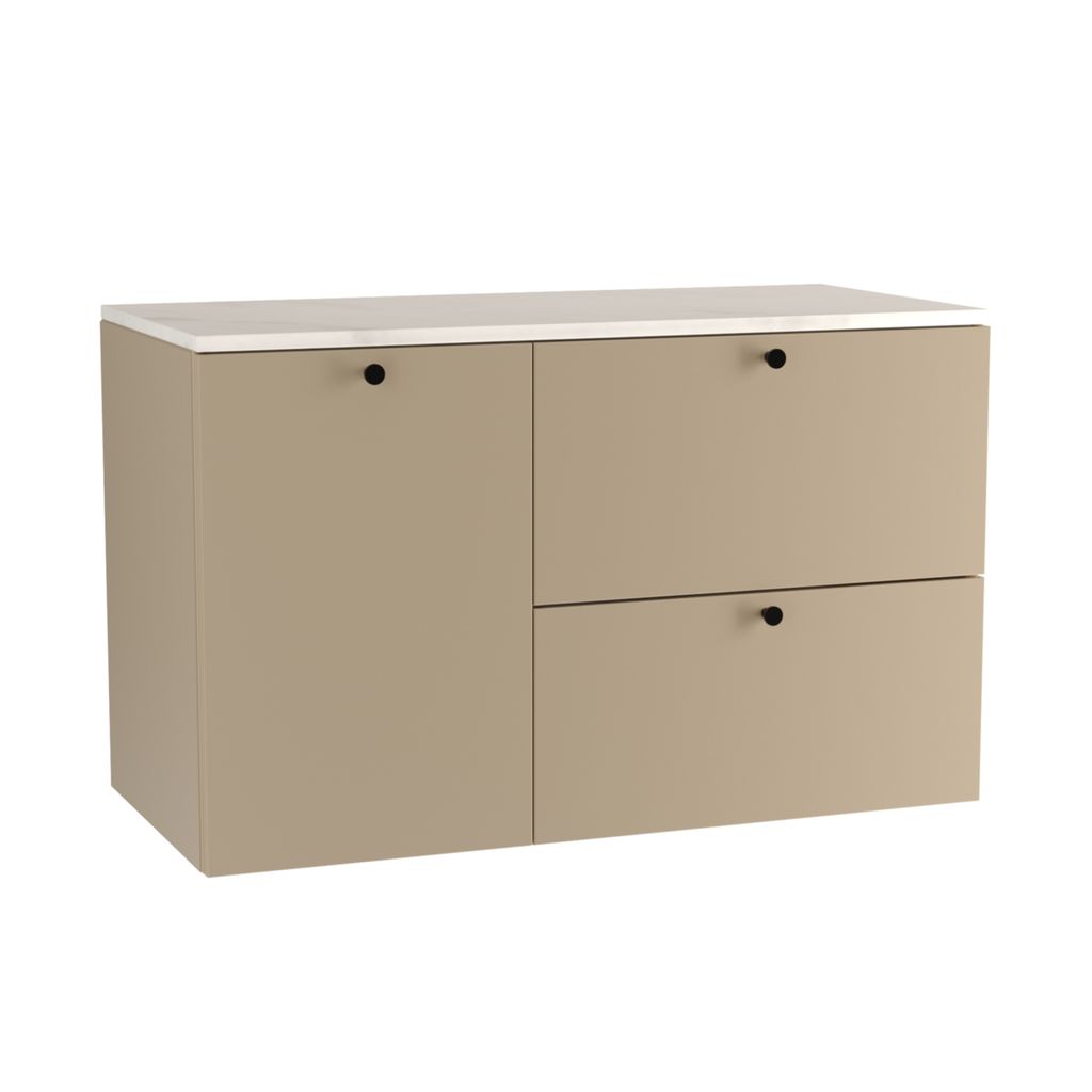 WENA Waschtischunterschrank 100 cm mit Wäschekorb, glatte Fronten, Griffe aus Metall in der Farbe Schwarz (Farbe: Cappuccino/Marmur Bianco)