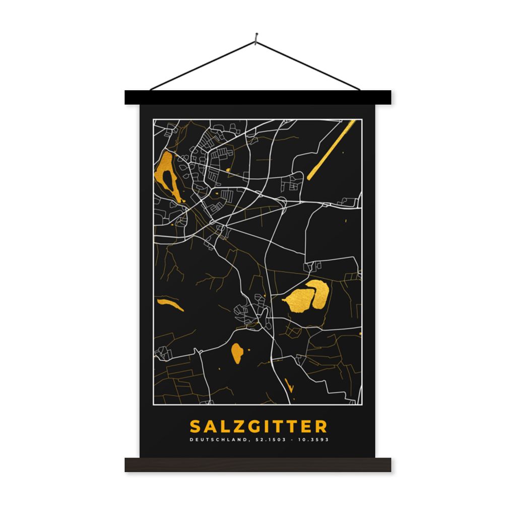MuchoWow Textilposter Salzgitter - Gold - Stadtplan - Karte - Deutschland 60x90 cm mit schwarzem Rahmen - Poster Wohnzimmer