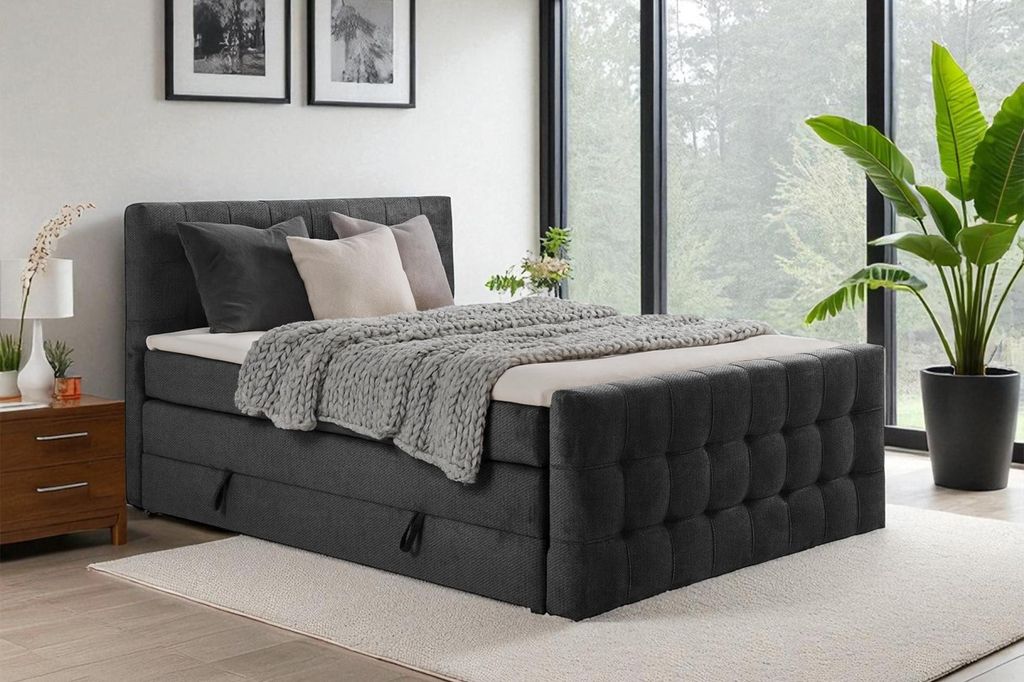 MEBLINI King Boxspringbett mit Bettkasten - Gepolstert Doppelbett mit Matratze und Topper - Polsterbett mit Stauraum - Bett mit Kopfteil - Stauraum...
