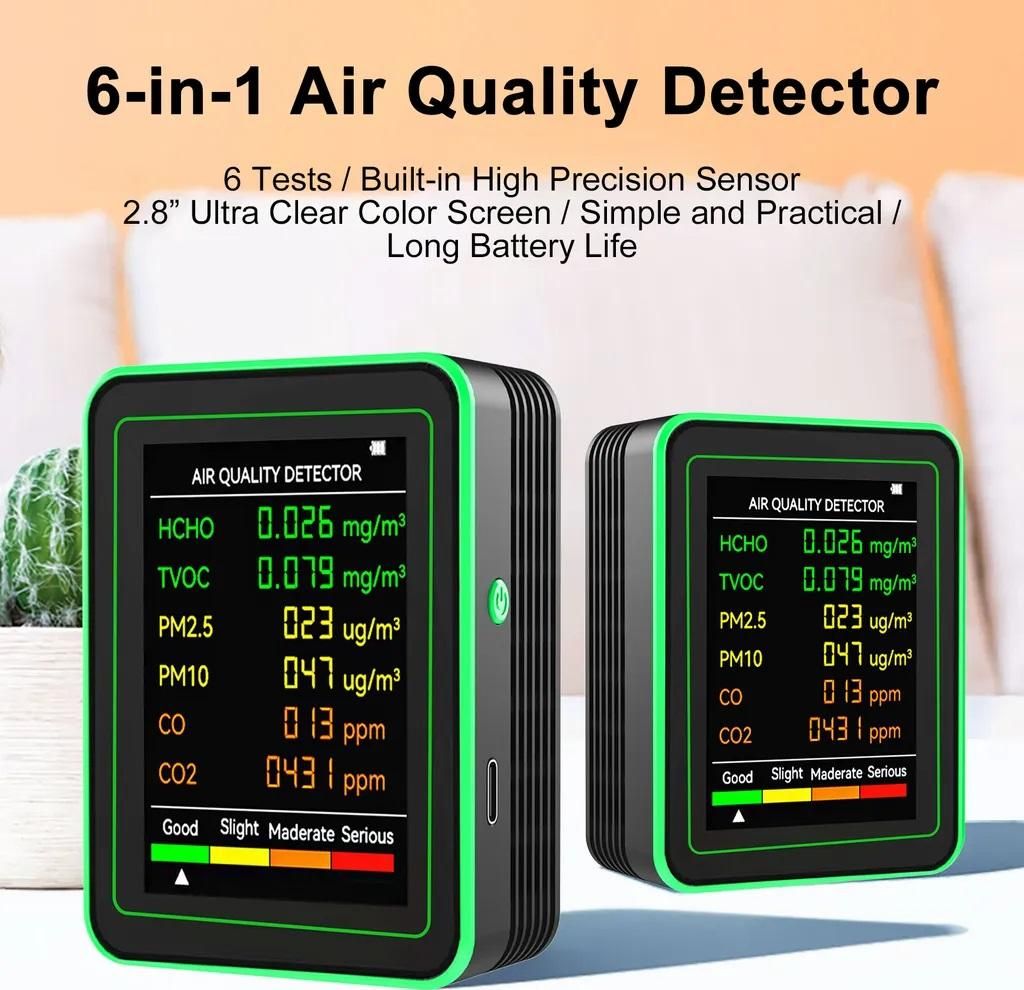 6-in-1 Luftqualitätsmonitor, Multifunktionaler CO2 Messgerät, Tester für PM2.5 PM10 HCHO TVOC CO, Raumluft-Analysegerät mit LCD, Wiederaufladbar