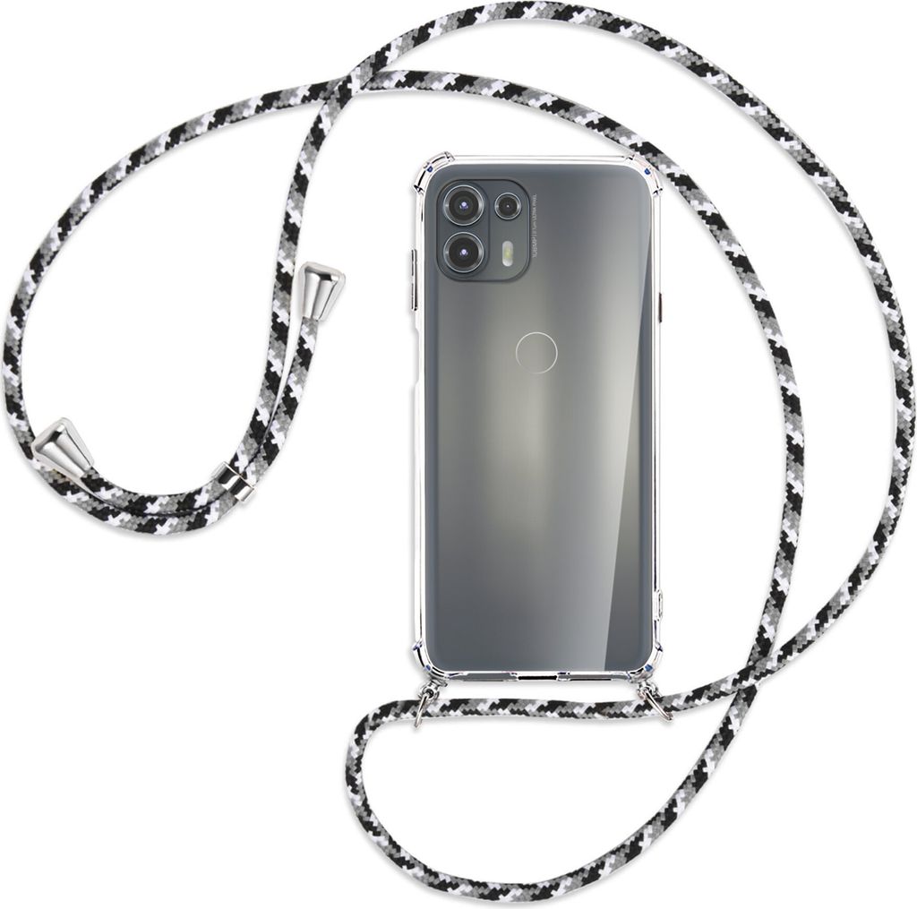 Handykette Backcover-Schutzhülle mit Band (Metall silberfarben) für Motorola Edge 20 Lite (XT2153-1) - schwarz/grau/weiß