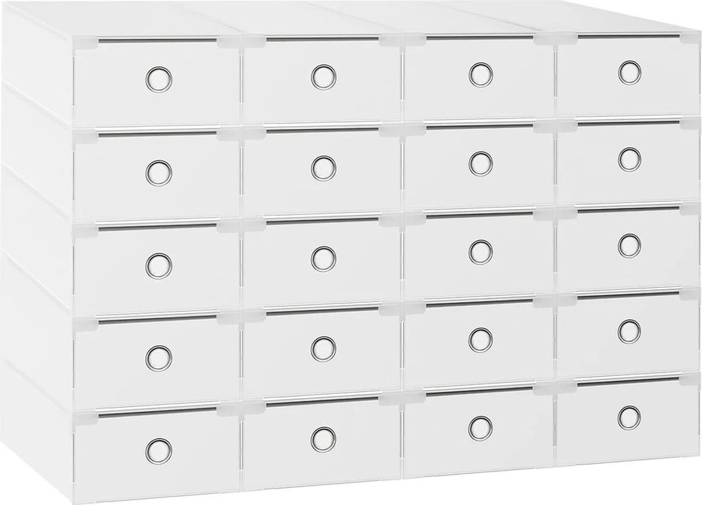 Schuhboxen - Stapelbare Aufbewahrungsboxen - 20er Set - Frontklappe - 31×20×11 cm je Box - Bis Größe 40 - PP & Metall - Weiß