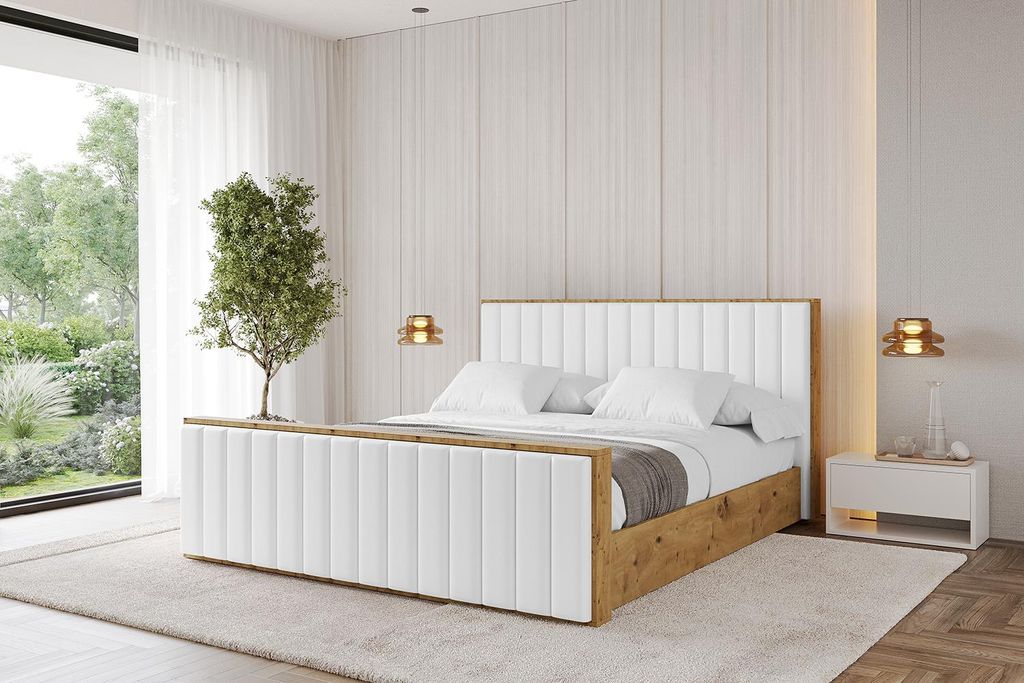 ALTDECOR Polsterbett mit Bettkasten - ENZO4-Z - 200x200 Weiß Kunstleder- Bett mit Kopfteil und Fußteil, Boxbett ohne Matratze, Doppelbett mit Sta...