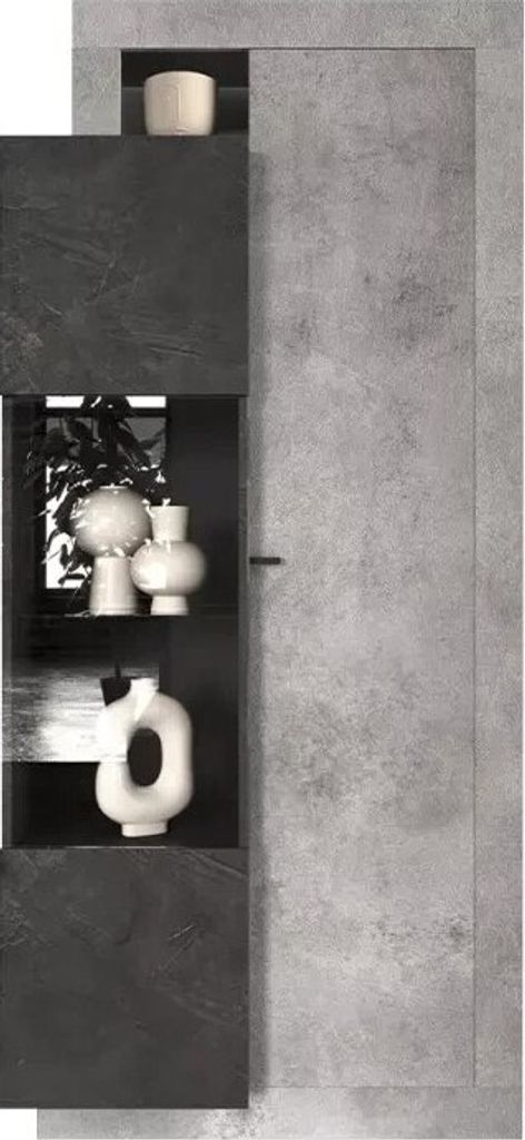 Design-Vitrine mit 2 Türen aus der Kollektion DOMI. Farbe Anthrazitgrau in Betonoptik.