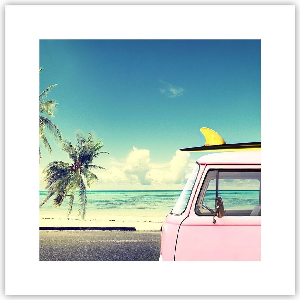 Poster - Poster ohne Rahmen - Auto Surfbrett Strand Ozean - 30x30 cm - Wand Bild - Wanddeko - Wandbilder - Kunstposter - Wandposter - Bilder - Kuns...