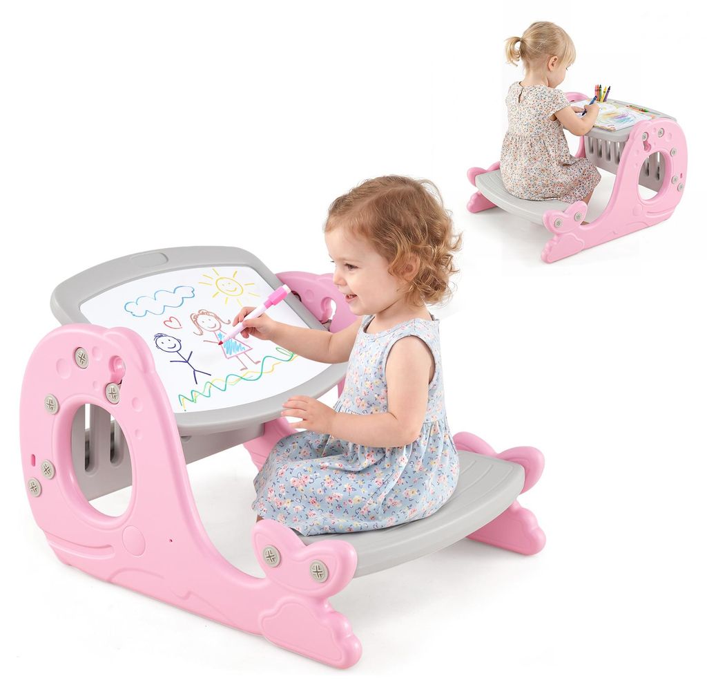 COSTWAY 4-in-1 kinderstatief met bankje en whiteboard, Productafbeelding 