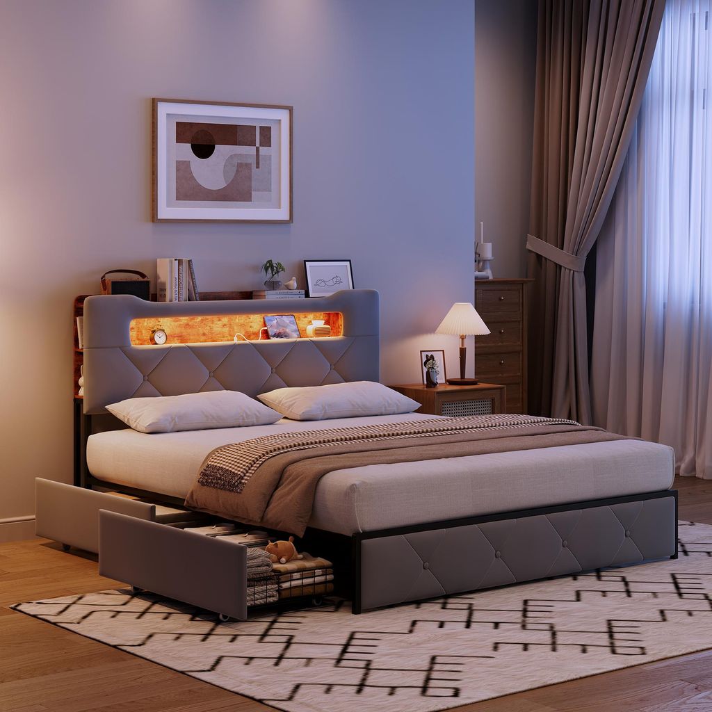 UnboxG Polsterbett 160x200cm mit USB & Typ C, Stauraumbett Jugendbett mit 4 Schubladen, Doppelbett Holzbett mit LED & Lattenrost, Funktionsbett, Sa...