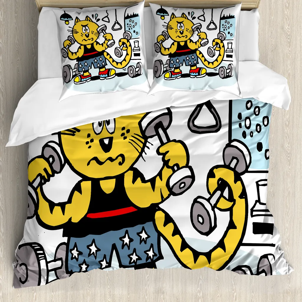 ABAKUHAUS Copripiumino fitness, gatto cartoon lifting, antiacaro, adatto a chi soffre di allergie, con federe, 155 cm x 220 cm - 80 x 80 cm, multicolore