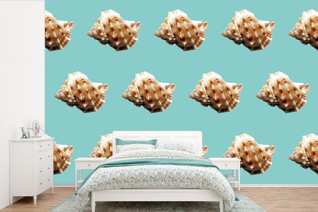 MuchoWow Fototapete für Wohnzimmer oder Schlafzimmer Wandtapete Vinyl Motivtapete Muscheln - Muster - Grün - 450x300 cm - Gemusterte