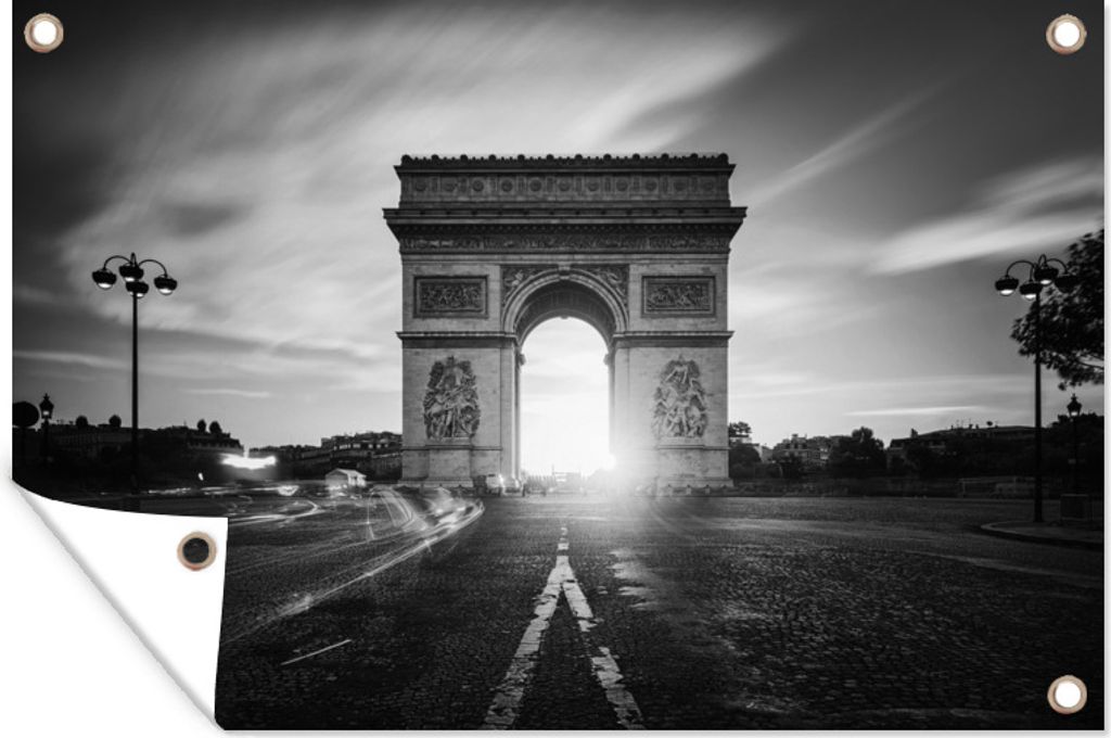 MuchoWow 60x40 cm Outdoor-Poster Gartendeko Sichtschutz Garten Poster für den Garten Arc de Triomphe mit Sonnenuntergang - schwarz und weiß
