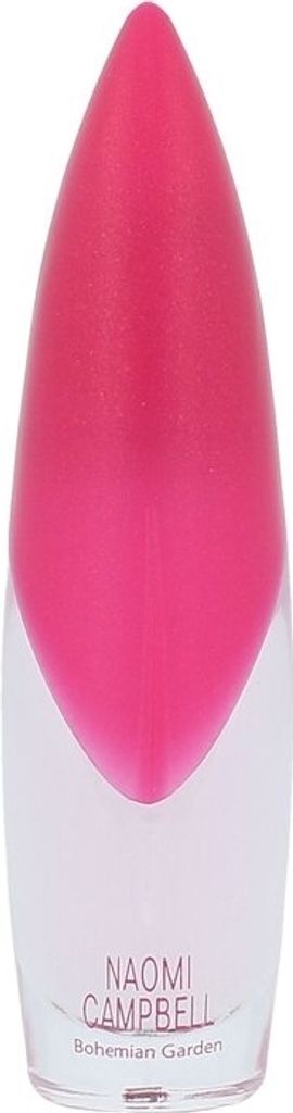 A perfume bottle with a pink cap and clear base.