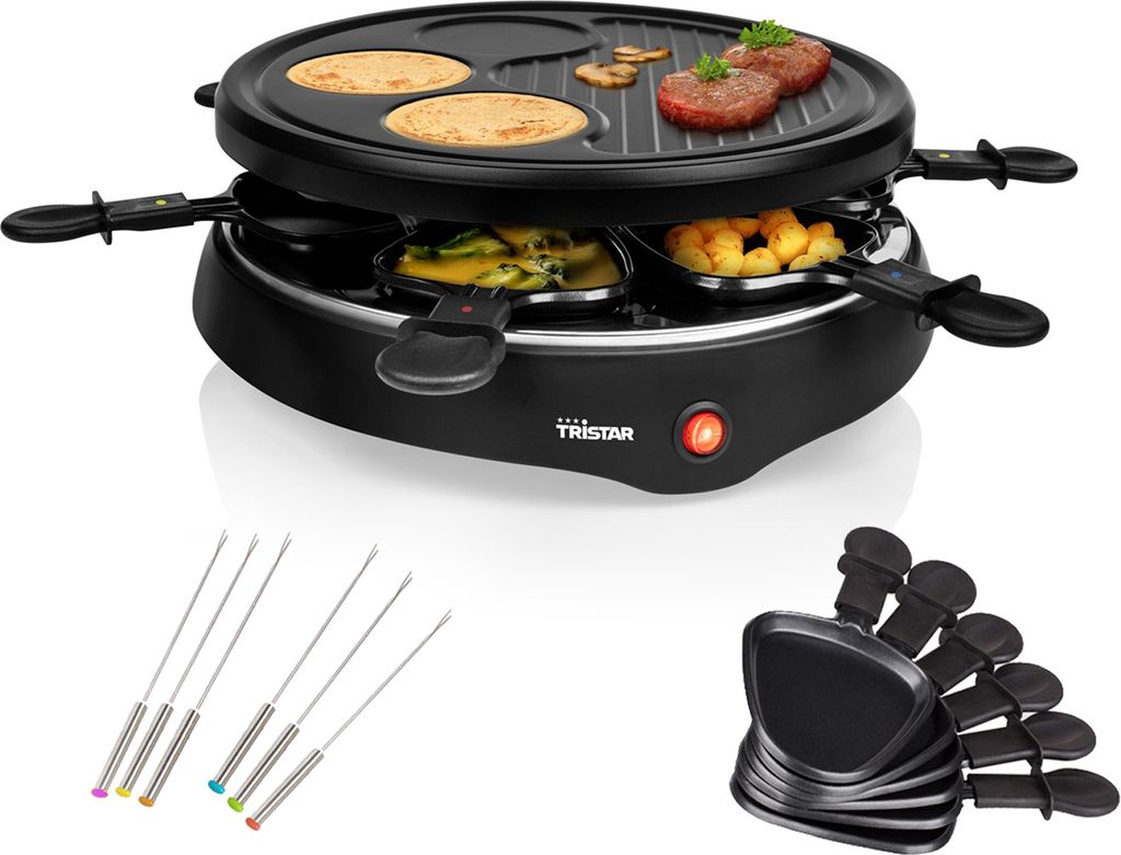 RACLETTE 6 Personen Tischgrill mit Gabeln, Grillplatte rund Crêpefläche 800W