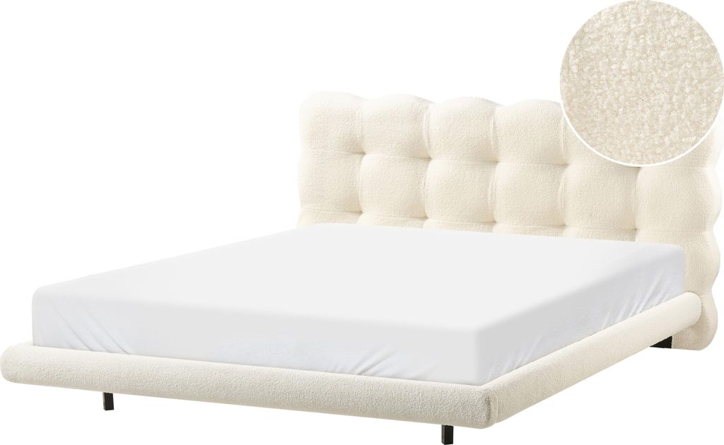BELIANI Polsterbett Cremeweiß Bouclé Stoff 160 x 200 cm Gestepptes Kopfteil Niedriger Bettrahmen mit Lattenrost Modernes Design für Schlafzimmer