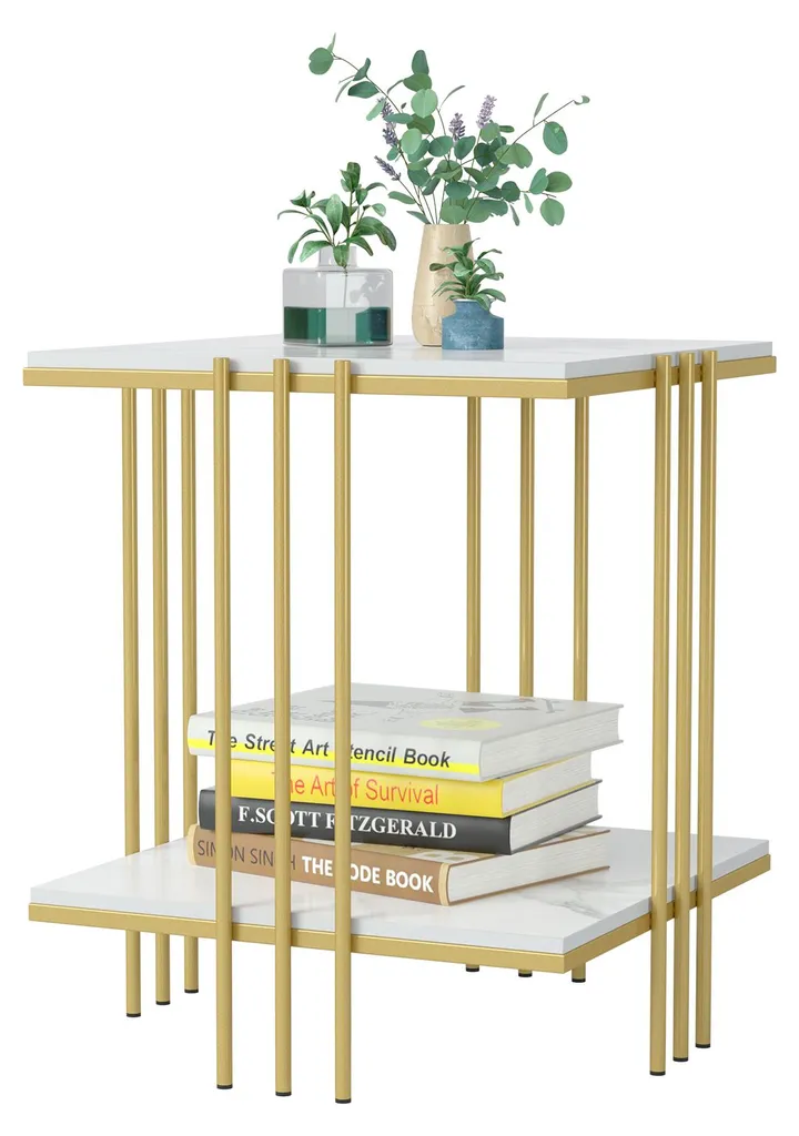 Table basse marbre blanc et or : la solution rangement salon chic
